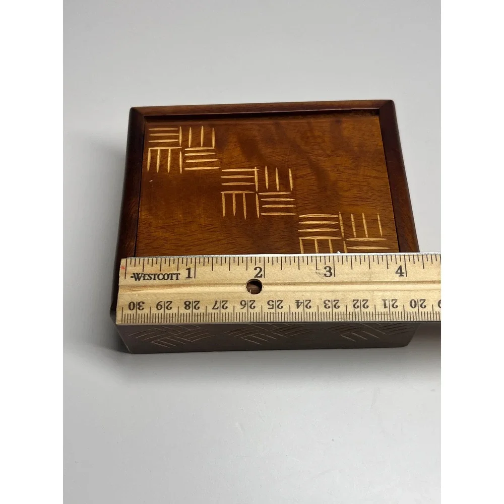 Handmade Mango Wood Trinket Box Etched Geometric Design Black Felt Lining Brown